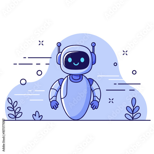 Cute cartoon robot with antennas and blue background featuring plants