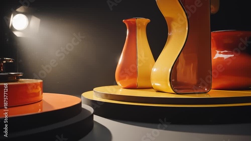 Studio Shot of Orange and Yellow Ceramic Vases on Platforms With Spotlight
