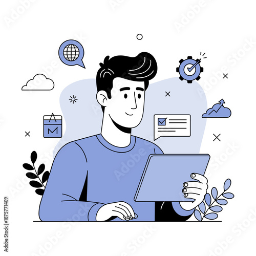 Young caucasian male engaged in digital tablet with technology and nature elements