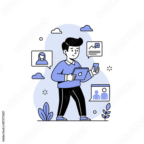 Illustration of young caucasian male using tablet for online communication