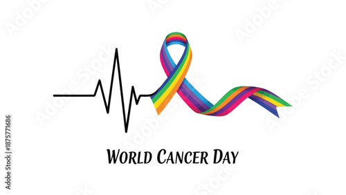 Colorful ribbon symbolizing cancer awareness with heartbeat line on world cancer day