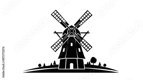 Black and white illustration of a traditional windmill on a hill.