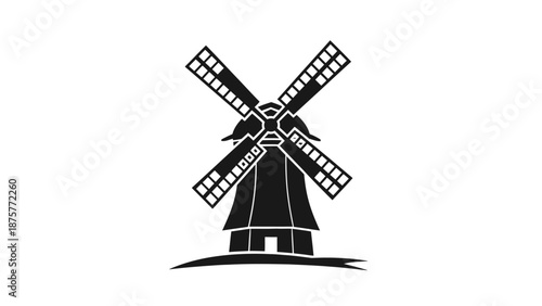 Black and white illustration of a traditional windmill with four blades.