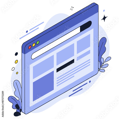 Stylized illustration of blue web browser interface with tabs and leaves
