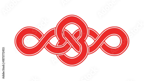 Red intertwined knot symbol on white background.
