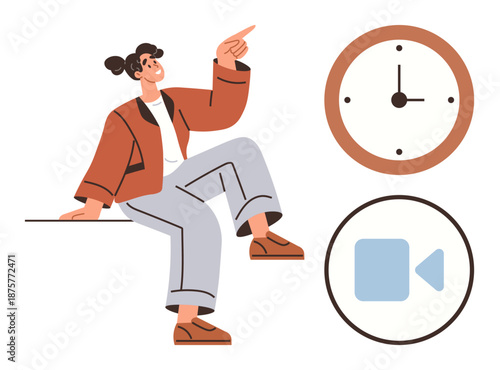 Time management, video conferencing, productivity, scheduling, remote work, planning. A woman sitting and pointing upward next to a clock and a video icon. Time management and video conferencing