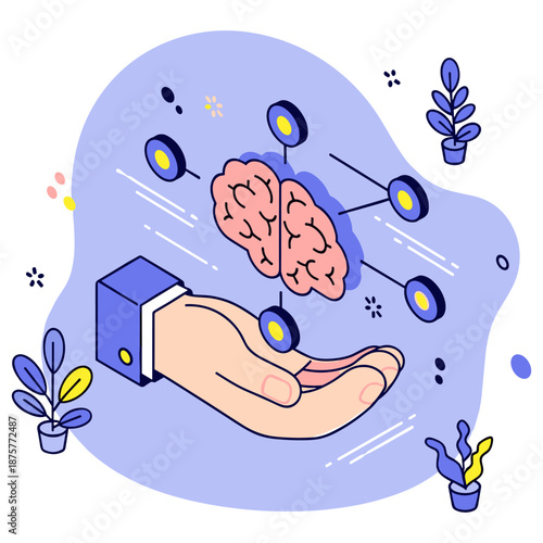 Hand holding brain concept with neural connections on blue background