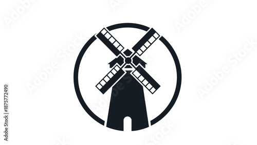 Black and white windmill icon in a circular frame.