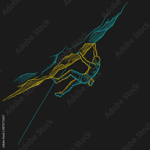 Dynamic neon chalk style rock climber ascending dark cliff face
