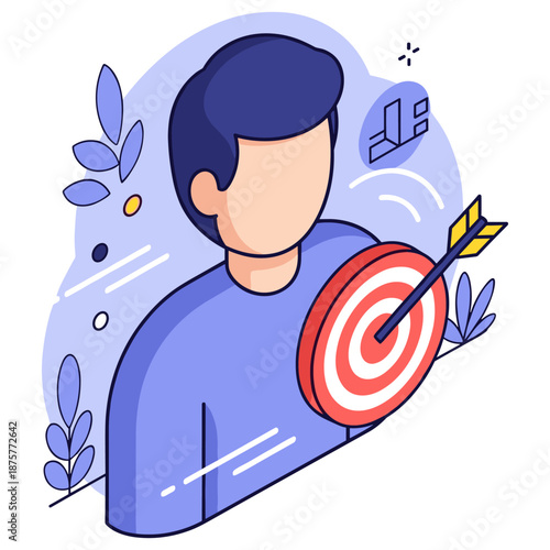 Young male hitting target with arrow in abstract background