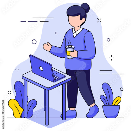 Young caucasian female enjoying coffee at laptop in modern workspace