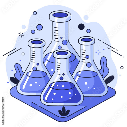 Illustration of blue laboratory flasks with liquid and bubbles