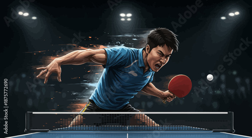 Intense table tennis player in action with dynamic motion effect