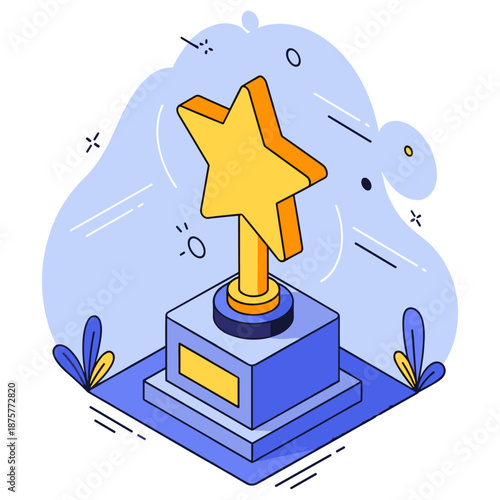 Golden star trophy on pedestal with blue background and abstract elements