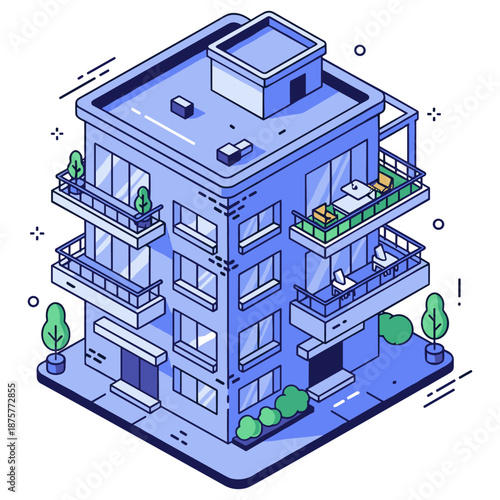 Modern isometric blue apartment building with balconies and minimalist design