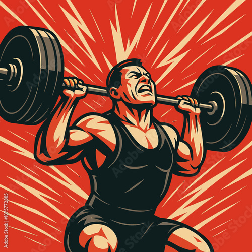 Dynamic strength: retro bodybuilder powerlifting against vibrant background