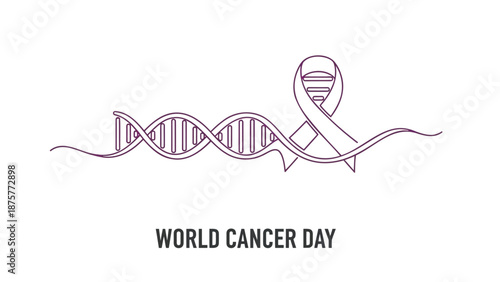 World cancer day illustration with dna double helix and awareness ribbon symbolizing cancer research and support on a clean white background