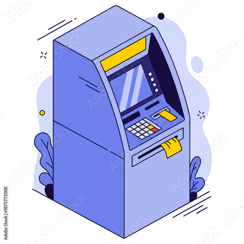 Modern atm machine illustration with blue design and yellow accents