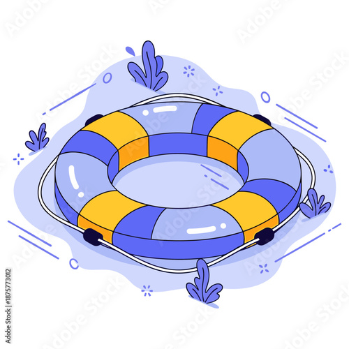 Blue and yellow lifebuoy ring with nautical elements in cartoon style