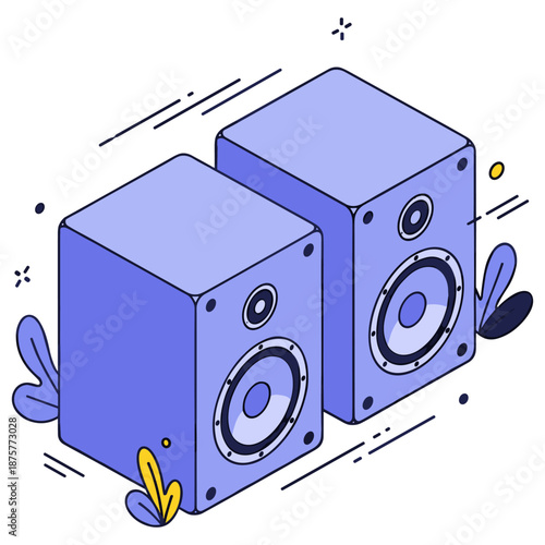 Modern purple audio speakers with decorative elements