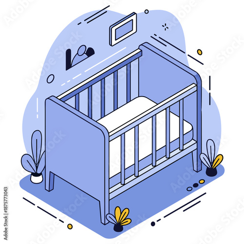 Blue crib with mattress in minimalist decor