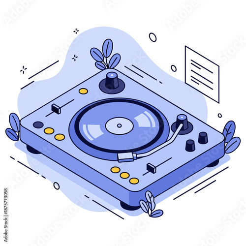 Blue turntable with abstract plants and musical notes in a modern minimalist design