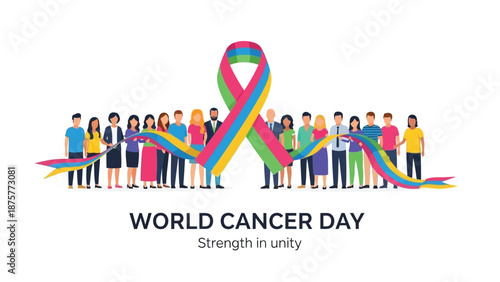 Diverse group holding colorful cancer awareness ribbon for world cancer day campaign with unity and strength message
