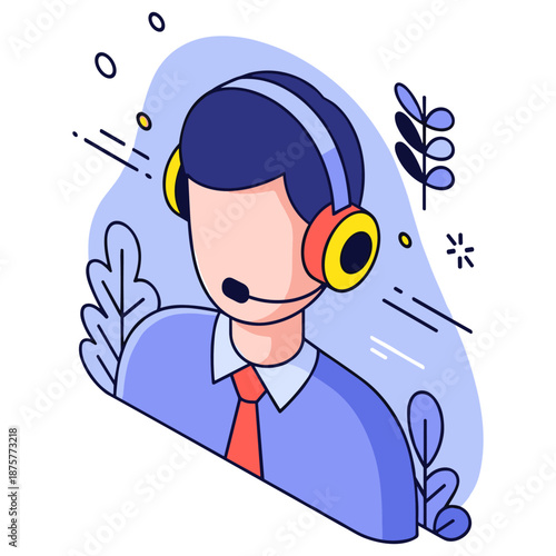 Illustration of male call center operator with headset and red tie