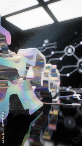 Iridescent Gears Rotating on a Shiny Surface Showing Network