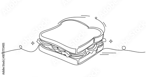 Minimalist line art illustration of a sandwich with lettuce and tomato. No editable strokes