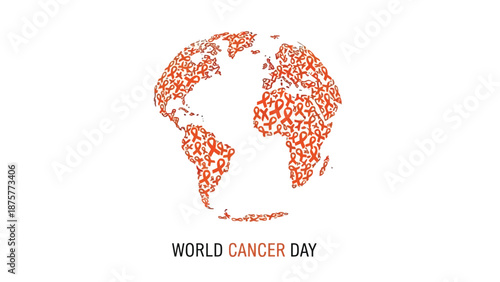 World cancer day illustration with global map made of orange puzzle pieces on white background