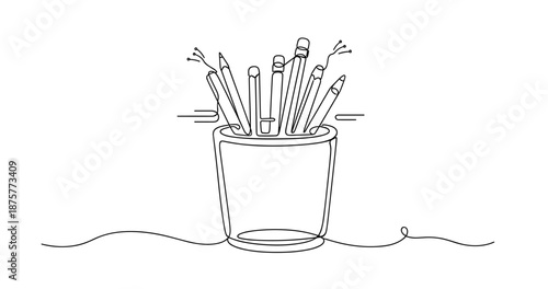 Continuous line drawing of pencils and pens in a cup. No editable strokes