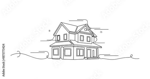 Charming hand-drawn two-story house with elegant lines and detailed roof design. No editable strokes