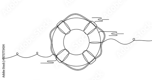 Minimalist lifebuoy line art with flowing wave elements. No editable strokes