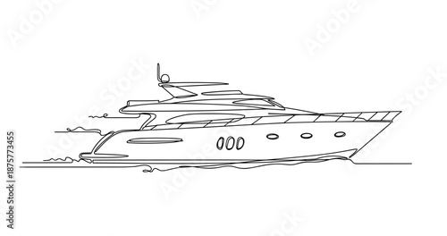 Minimalistic line art of luxury yacht in motion on white background. No editable strokes