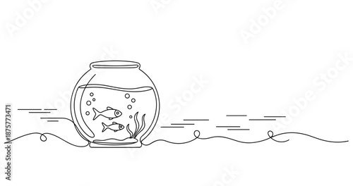 Minimalist line art of fishbowl with goldfish and aquatic plants. No editable strokes