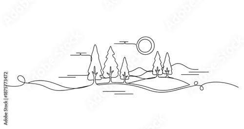 Minimalist landscape with trees and sun in continuous line art style. No editable strokes
