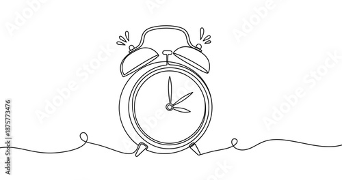 Continuous line drawing of a classic alarm clock with bells ringing. No editable strokes