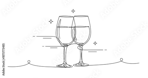 Minimalist line art of two clinking wine glasses with decorative sparkles. No editable strokes