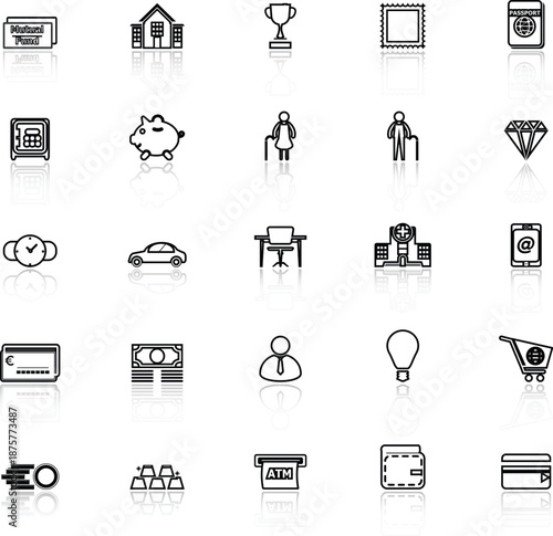 Personal financial line icons with reflect on white