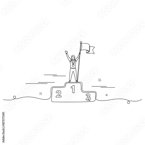 Line art illustration of person celebrating victory on podium with flag, no editable stroke