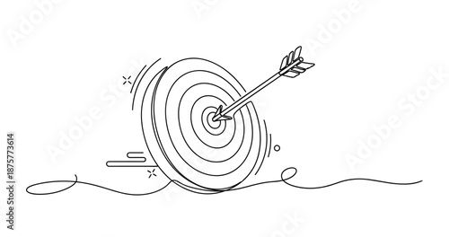 Black and white illustration of arrow hitting bullseye on target, no editable stroke