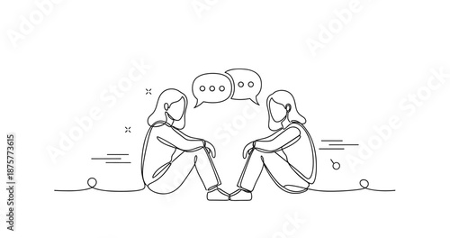 Line art drawing of adults in conversation with speech bubbles, no editable stroke