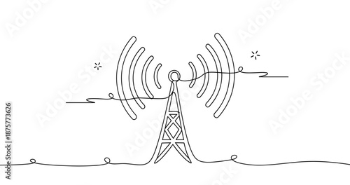 Minimalist line art of radio tower with signal waves and star accents, no editable stroke