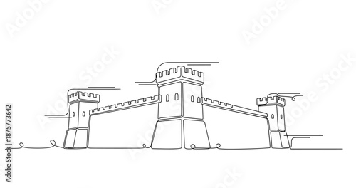 Continuous line drawing of medieval castle with towers and battlements, no editable stroke
