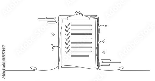 Continuous line art of checklist on clipboard with check marks and abstract elements, no editable stroke