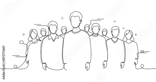 Group of diverse young adults in continuous line art, no editable stroke