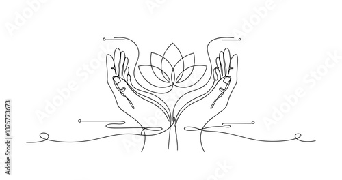Minimalist line art of hands holding a lotus flower highlighting balance and serenity, no editable stroke