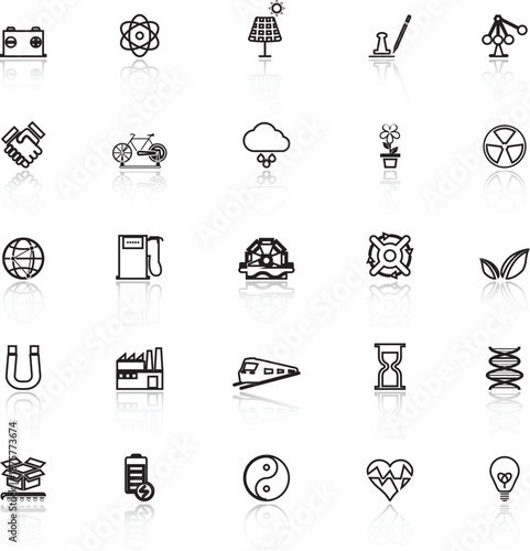Renewable energy line icons with reflect on white