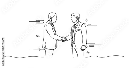 Line art of two caucasian adult males in business suits shaking hands, no editable stroke